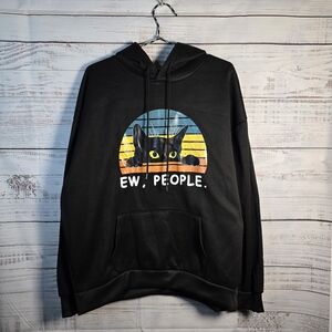 Black “Ew, People” Graphic Cat Hoodie – Unisex XXL Cozy Fit
